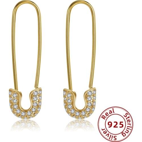 Gold Silver Color Zircon Safety Pin Stud Earrings for Women 925 Sterling Silver Piercing Ear Rings Fine Wedding Jewelry Gift