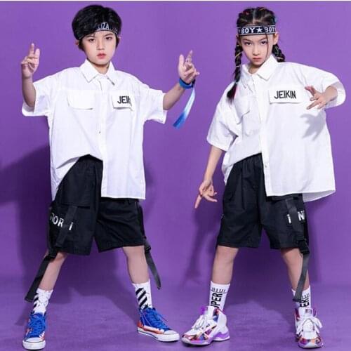 Kids Carnival Hip Hop Clothing White Shirt Oversized T Shirt Top Streetwear Cargo Shorts For Girl Boy Jazz Dance Costume Outfits