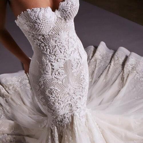 Elegant Beaded Mermaid Wedding Dresses Bridal Gowns Lace Appliqued Sweetheart Sweep Train Vestido De Noiva