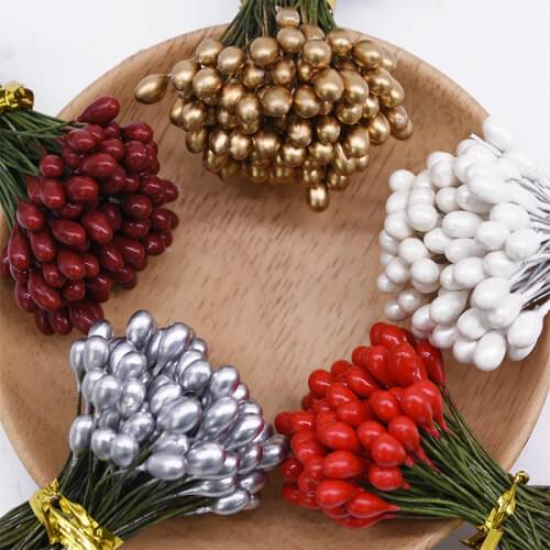 50/100pcs 5mm Artificial Berries Gold Silver Cherry Stamen Mini Fake Flowers DIY wreath Wedding Party Decor Supplies