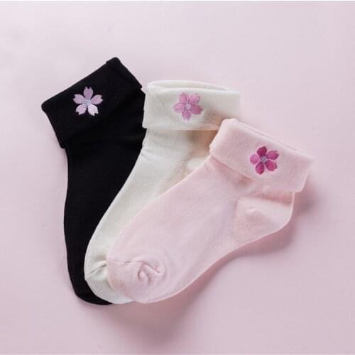Kawaii Flanging Embroidery Cherry Blossom Women Socks Cotton Multicolor Cherry Blossom Ankle Socks Women 1 Pair