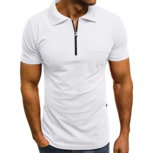 Mens T-shirt Turn Down Collar Zipper Tops Casual Slim Short Sleeve T-shirts Pockets T Shirt For Men Basic T Shirt For Men 2021