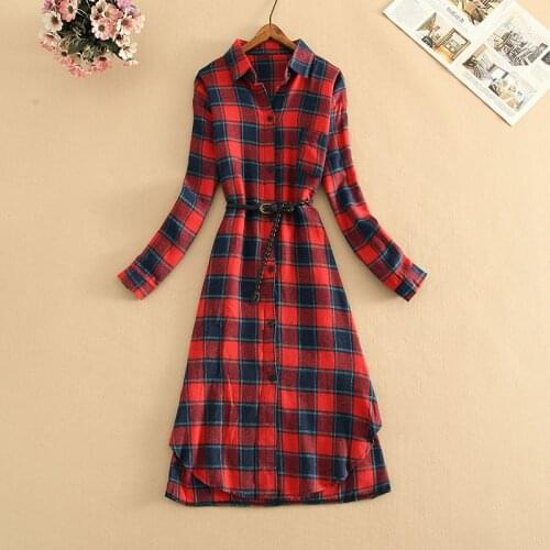 Irregular Length Spring Plaid Shirt Dress Women Vintage Casual Long Sleeve Knee Length Loose Straight Button Down Dress Belt New