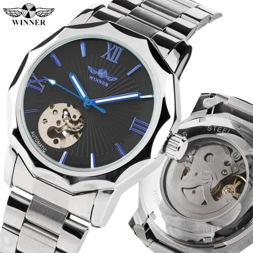 Casual Black Dial Automatic Mechanical for Office Men Skeleton Watch for Teenagers Silver Stainless Steel Band Watches for Man