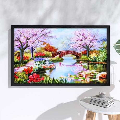 Needlework,DIY Ribbon Cross stitch Set for Embroidery kit, Cherry Blossoms Landscape Ribbon Craft Cross-Stitch Handwork Wedding