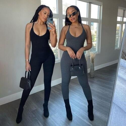 Halter Women Long Jumpsuits Skinny Backless Sleeveless Workout Overalls Sportswear Fashion Basic Jumpsuit