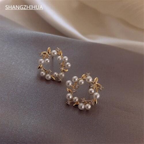 SHANGZHIHUA 2021 new Korean luxury zircon hollow-out pearl flower earrings fashion womens earrings girls unusual jewelry gift
