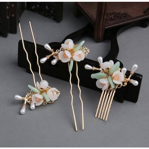 Chinese style Gold green stone Hairpin comb sets Bridal Wedding hair jewelry