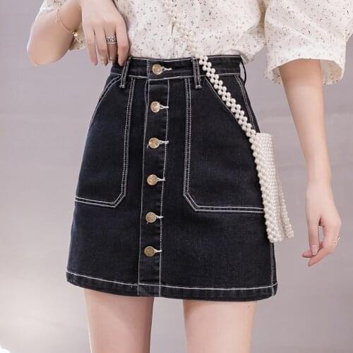 Zoki Plus Size Women Denim Skirt Korean Fashion Button Ladies Jeans Mini Skirt Casual High Waist A Line Pocket Black Blue Faldas