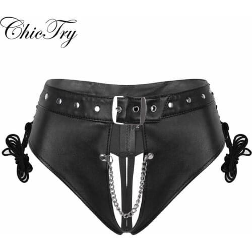 Women Leather Nightclub Panties Crotchless Briefs Lingerie Underwear Punk Lace-up Underpants Nightclub Stage Performance Costume