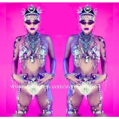 Nightclub Bar Rhinestone Bikini Dance Suit Clothes Singer Womens Stage Costumes Goddess Sexy Lady Party Event Masquerade Dress