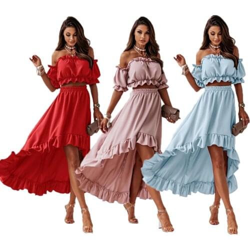 Womens Solid Color One-piece Collar Sexy Waistless Puff Sleeve Top and Skirt Womens Two-piece Suit