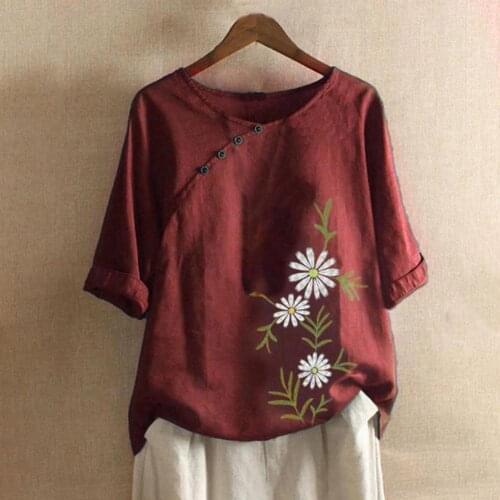 2021 New Autumn Women Pullover Shirt Top O-Neck Floral Print Shirt Short Sleeve Button Lady Plus Size Shirt Streetwear