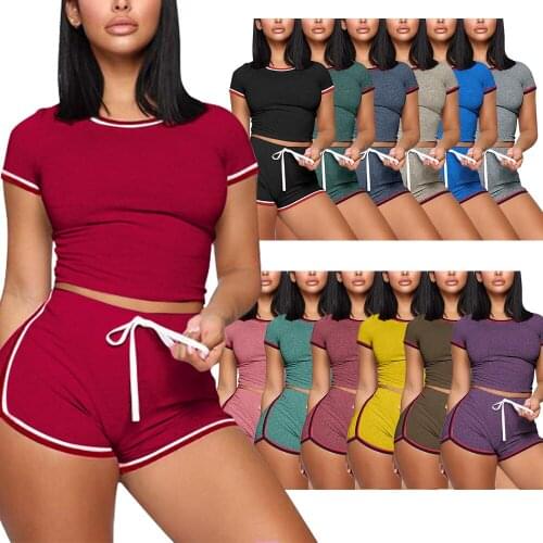 Short Sport Suit Women Two Pieces 13 Option Colors O Neck Crop Top and Short Pants Leisure Cotton Palysuit Women Summer Clothing
