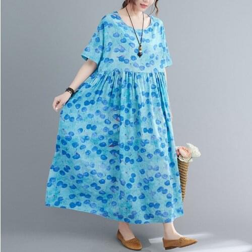Polka Dot Print Fashion Blue Dress 2021 New Thin Soft Cotton Loose Summer Dress Women Travel Casual Long Beach Style Dress