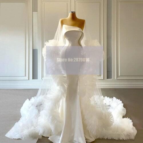 Elegant Ivory Mermaid Strapless Evening Dresses Floor-Length Prom Dress Pageant Dress Cape Vestido de festa Formal 2020 Dubai