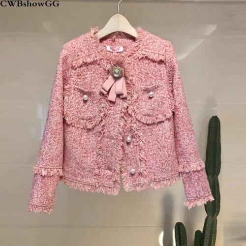 2019 Autumn And Winter New Luxury Brand Vintage Woolen Tweed Tassel Small Fragrance Ladies Fashion Bow Pearl Button Jacket