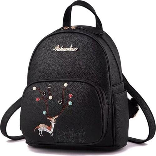 Black Womens Backpack Soft Leather Small Embroidery Student Backpacks Cute Women Travel Bag Girls School Bags