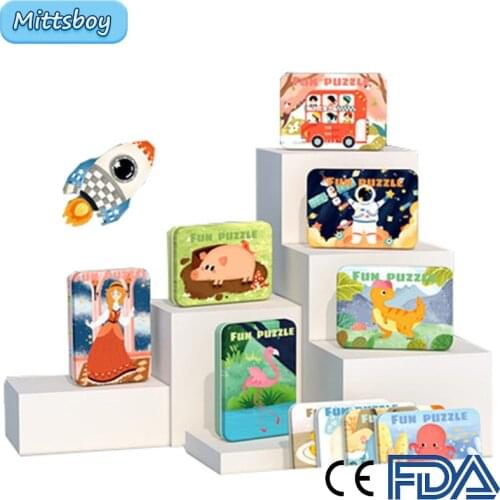 Montessori WoodenToy 3D Puzzle Dinosaur Princess Animal Tin Box For Children Jigsaw Brain Training Learnings Toy Educational Toy