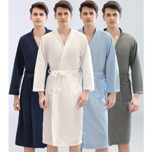 173 98% Polyester Summer Thin Sweat Steam Absorbent Terry Bath Robe Kimono Men Waffle Towel Bathrobe Sleepwear Women Night Gown