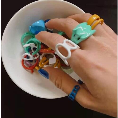 Aesthetic Irregular Geometric Hand-painted Enamel Rings Set for Women Girls Trendy Chain Open Ring Stacking Jewelry Accessories