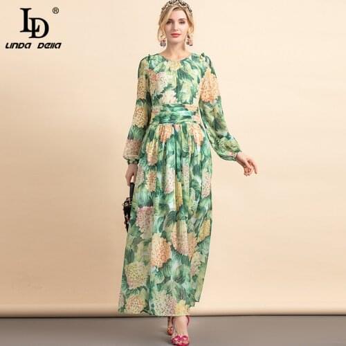 LD LINDA DELLA Fashion Designer Autumn Maxi Dress Women Lantern Sleeve Flower Print Chiffon Elegant Bohemian Vacation Long Dress