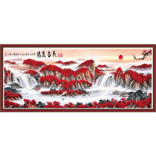Chinese Red Landscape Fall Mountain Needlework, Living Room,Sets For Embroidery kit Full Printed Cross Stitch Kits DIY
