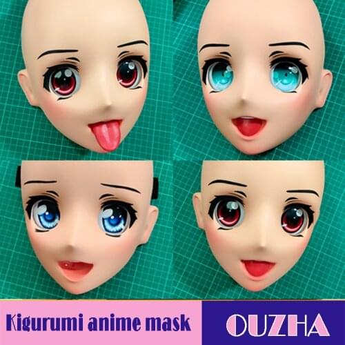 Oliva-2)Female Sweet Girl Resin Half Head Kigurumi Cartoon Mask Cosplay Japanese Anime Role Lolita Mask Crossdress Doll Mask
