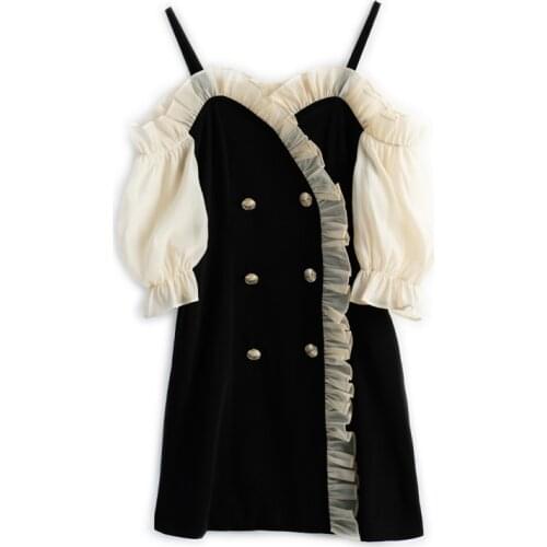 PERHAPS U Black Mesh Patchwork Half Sleeve V Neck Dress Double Breasted Button Summer D1928