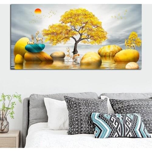 Modern Golden Abstract Landscape Art Golden Tree and Stone Pictures Painting Wall Art for Living Room Home Decor (No Frame)
