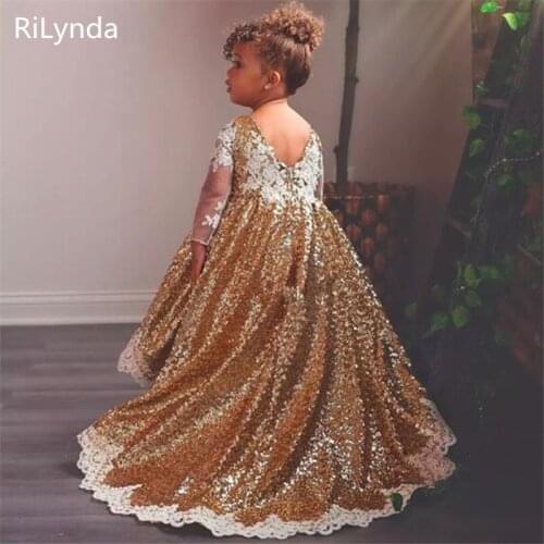 Gold Sequined High Low Flower Girl Dresses For Wedding Lace Long Sleeves Toddler Pageant Gowns Appliqued Ball Gown Custom Made