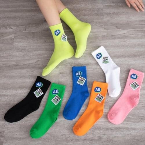 Spring Summer Bright Color Label Strange Maiden Ins Fashion Woman Harajuku Street Casual Breathable Cotton Middle Tube Socks