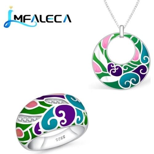 LMFALECA Silver Ring Necklace Set for Women Multicolor Transparent Enamel 925 Sterling Silver Pendant Box Chain Fine Jewelry