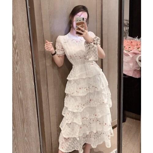 LLZACOOSH Long Lace Women Dress 2020 Runway Spring Summer Short Sleeve Patchwork Cake Dress Vintage Embroidered flowers Dress