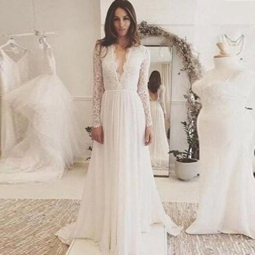 Boho A-Line Long Sleeve Lace Wedding Dresses Deep V-Neck Sexy Backless Floor Length Chiffon Bridal Gowns Custom Made
