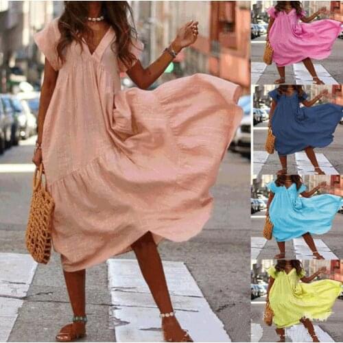 Summwe Fashion Loose V-neck Irregular Multi Color Plus Size Long Short Sleeve Dress