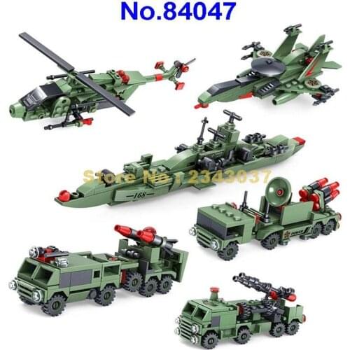 84047 363pcs 6set Military Army Weapon Car Tank Helicopter Fighter Vehicle Car Building Blocks Toy