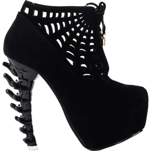 LF80643 Punk Black Spider Web Lace-Up Platform Bone Heel Ankle Boots Size 4/5/6/7/8/9/10