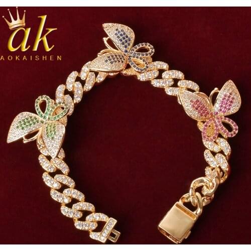 10mm Colorful Zircon Miami Cuban Link Bracelet With Butterfly Bling Women Jewelry AAAA Charm Hip Hop Chain