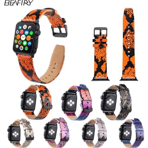 BEAFIRY Genuine Leather For Apple Watch Band 38mm 42mm black pink gold pink pink black blue orange python pattern Leather straps