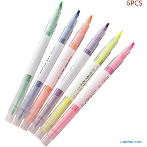 6 Colors Double Headed Highlighter Pen Fluorescent Marker Art Drawing Stationery