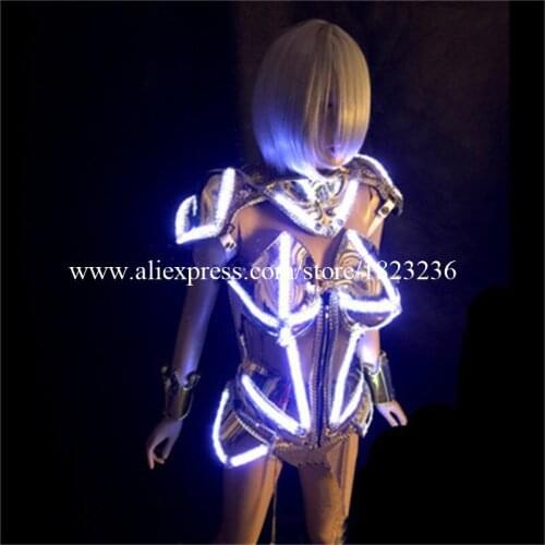Fashion Led Luminous Female Armor Illuminate Gold Plated Nightclub Party Stage Ballroom Dress Clothes Women Costume