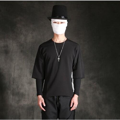 Spring and autumn trendy mens loose round neck T-shirt hair stylist irregular personality dovetail hem fake two-piece pullover