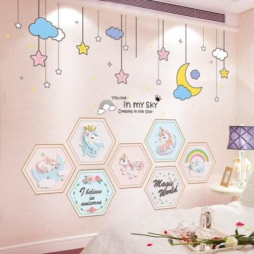 [shijuekongjian] Unicorn Animals Wall Stickers DIY Stars Ornaments Wall Decals for House Kids Rooms Baby Bedroom Decoration