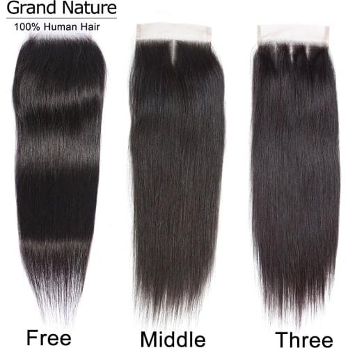 Grand Nature Three Part Lace closure Peruvian Straight Human Hair 1 Bundle With Closure 4x4" With Baby Hair Remy Free Shipping