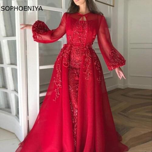 New Arrival Long sleeve evening dress 2021 Red Formal dresses women Party night Vestidos de noche Beaded Evening gowns