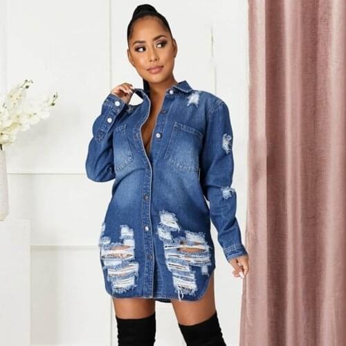 Autumn Ripped Denim Dress Women Turn Down Collar Long Sleeve Jeans Dress Fashion Short Mini Shirt Dress Plus Size 3XL Streetwear