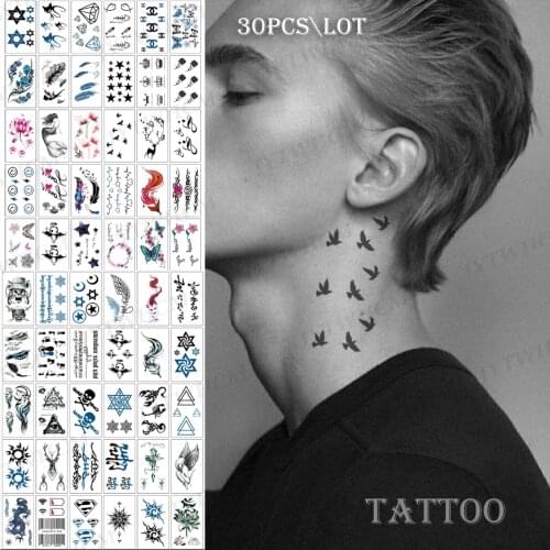30 Sheets Tattoo Stickers Temporary Waterproof Black Flying Bird Manga Feather Rose Flower Butterfly Flash Fake Sticker Tato Art