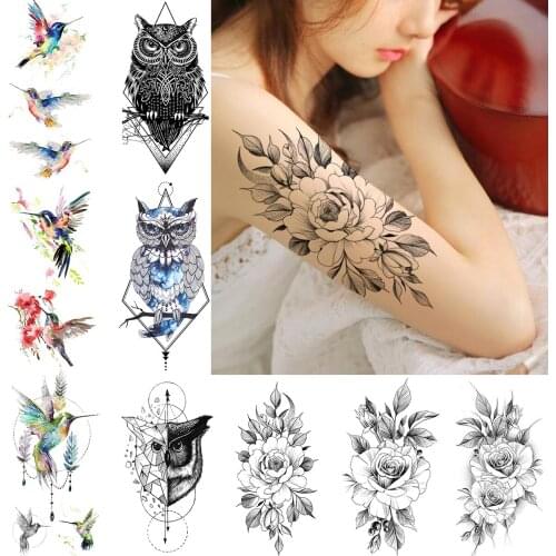 Diamond Rhombus Owl Temporary Tattoos For Women Crescent Moon Flower Arm Tatoos Body Art Fake Flash Hummingbird Tattoo Stickers