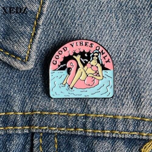 XEDZ summer style bikini sexy woman swimming brooch pink swan swim underwater game GOOD VIBES ONLY letter emblem lapel pin